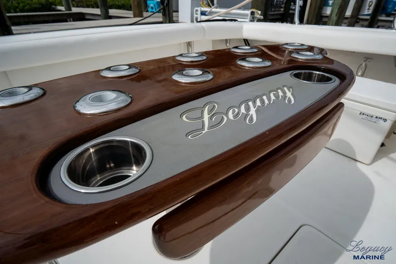 Legacy Yacht Photos Pics Tiara Yachts 4200 Open 2003, elegant wooden detail with "Legacy" engraving.