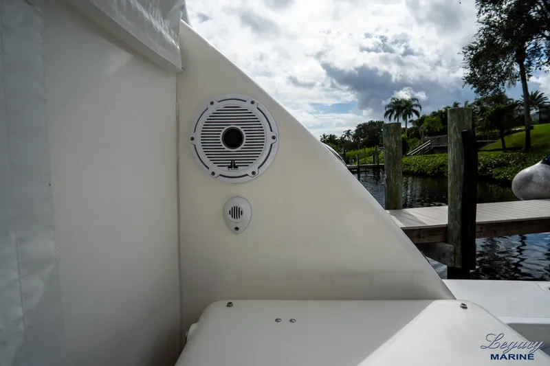 Legacy Yacht Photos Pics 2003 Tiara Yachts 4200 Open boat interior with speaker, dockside view.