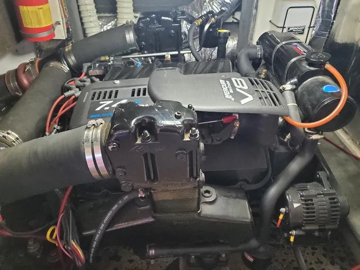  Yacht Photos Pics Engine compartment of a 2000 Bluewater Yachts 5200 Millennium, featuring a powerful V8 engine.