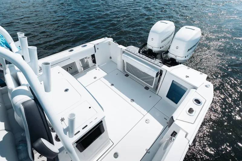 Lickety-split Yacht Photos Pics 2021 Blackfin 332 CC boat with dual Mercury engines on open water.