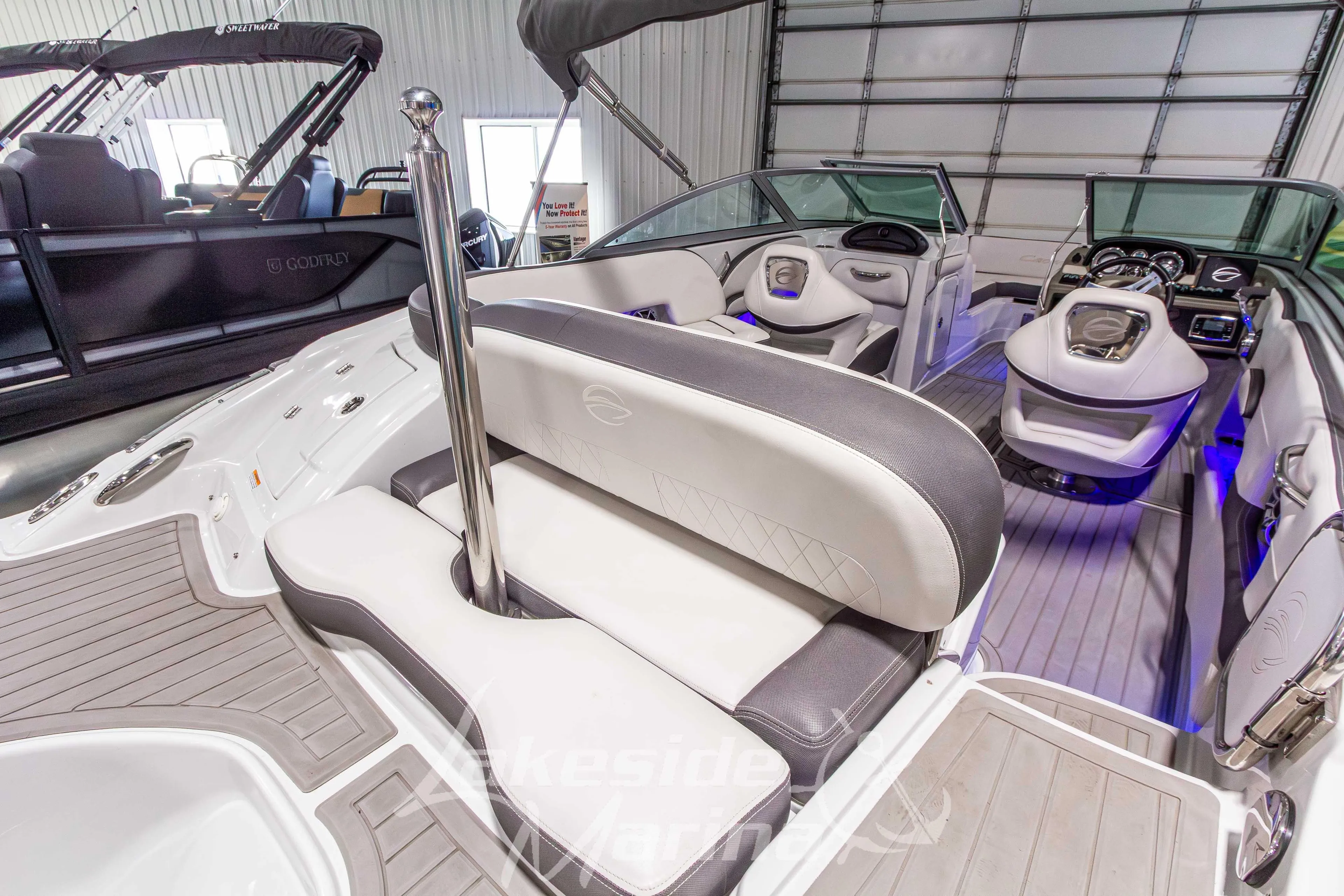 2017 Crownline Eclipse E1 XS boat interior with modern seating and dashboard.