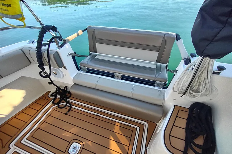 Wyvern Yacht Photos Pics 2020 Cutwater C-32 Coupe boat interior with seating and deck details.