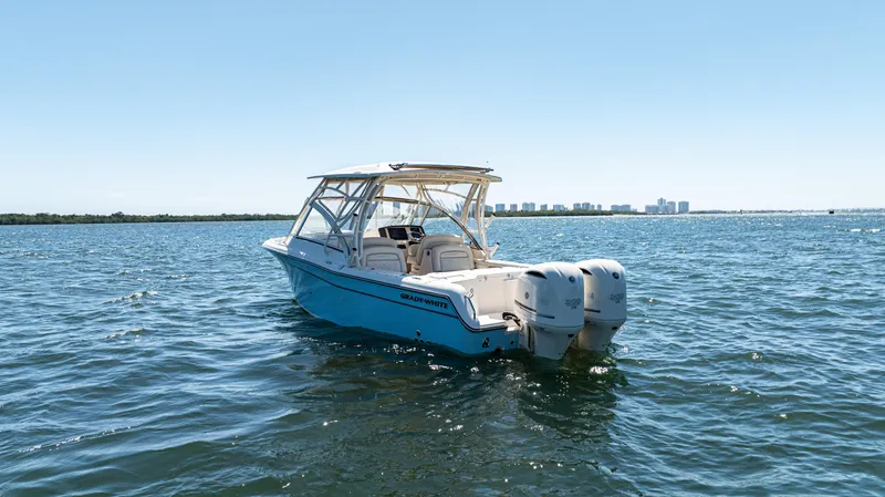  Yacht Photos Pics 2020 Grady-White Freedom 285 boat on open water, clear sky, distant cityscape.