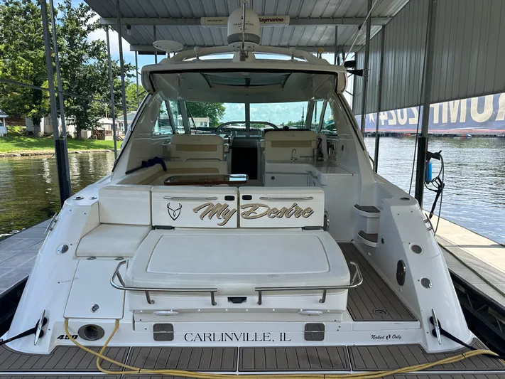  Yacht Photos Pics 2010 Sea Ray 450 Sundancer docked, rear view, with "My Desire" nameplate.