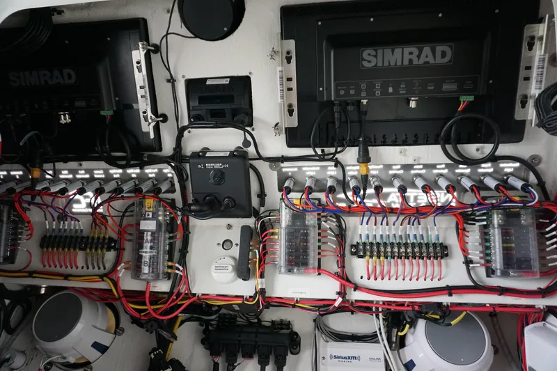 Obsession II Yacht Photos Pics Electrical system of 2023 Insetta 35IFC boat with Simrad equipment and wiring.