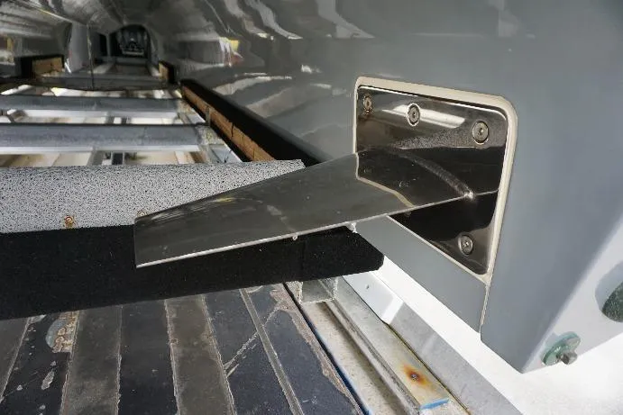 Obsession II Yacht Photos Pics 2023 Insetta 35IFC boat detail showing a retractable metal component.