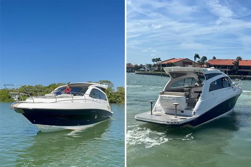  Yacht Photos Pics 2024 Hanover 375 yacht cruising on clear waters under a bright blue sky.