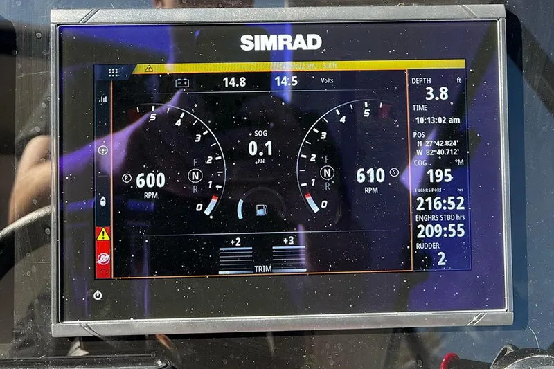  Yacht Photos Pics Simrad marine display showing engine RPM, depth, and navigation data on Hanover 375, 2024 model.