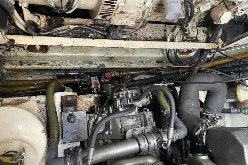  Yacht Photos Pics Engine compartment of a 2015 Leopard 58 yacht, showing mechanical components and wiring.