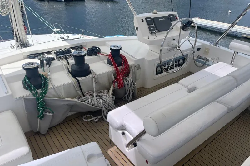  Yacht Photos Pics Helm of 2015 Leopard 58 yacht with ropes and steering wheel.