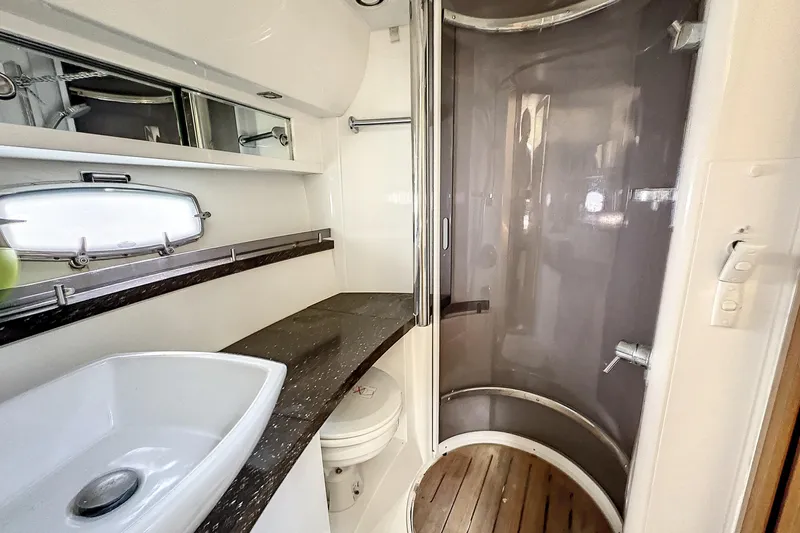  Yacht Photos Pics Luxurious bathroom in 2010 Fairline Targa 38 yacht with modern fixtures and shower.