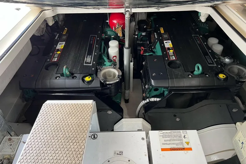  Yacht Photos Pics Engine compartment of 2010 Fairline Targa 38 yacht, featuring dual Volvo Penta engines.