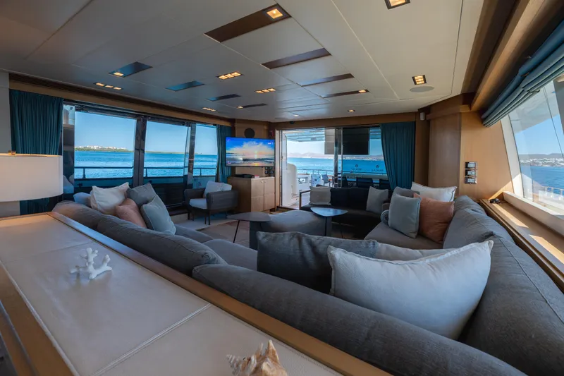  Yacht Photos Pics Luxurious interior of 2012 Ferretti Yachts Custom Line 100 with ocean views.