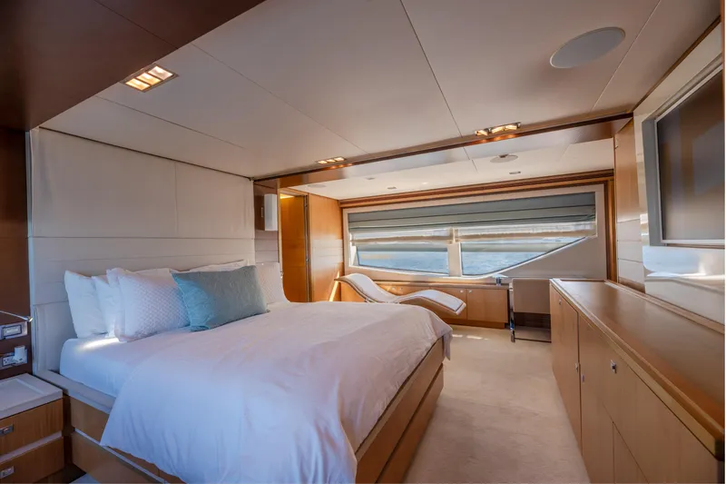  Yacht Photos Pics Luxurious bedroom interior on 2012 Ferretti Yachts Custom Line 100, featuring elegant design and ocean view.