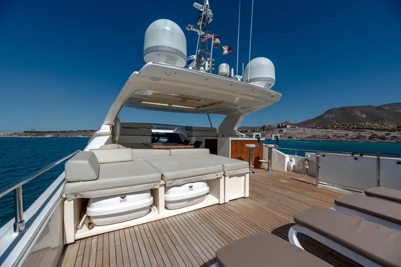  Yacht Photos Pics Luxurious 2012 Ferretti Yachts Custom Line 100 deck with sun loungers and ocean view.