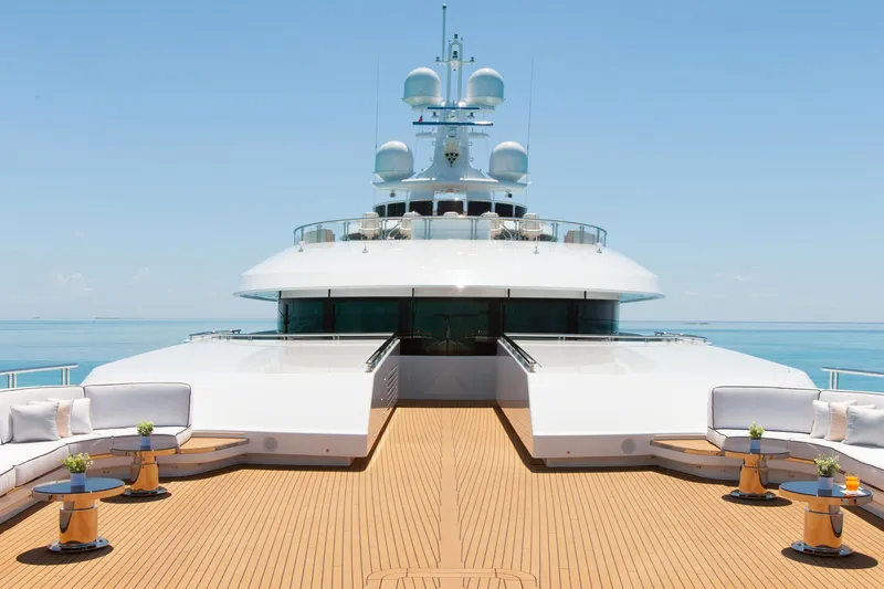 Boardwalk Yacht Photos Pics Luxurious 2021 Feadship Custom yacht deck with elegant seating and ocean view.