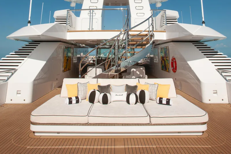 Boardwalk Yacht Photos Pics Luxurious 2021 Feadship Custom yacht deck with elegant seating and spiral staircase.