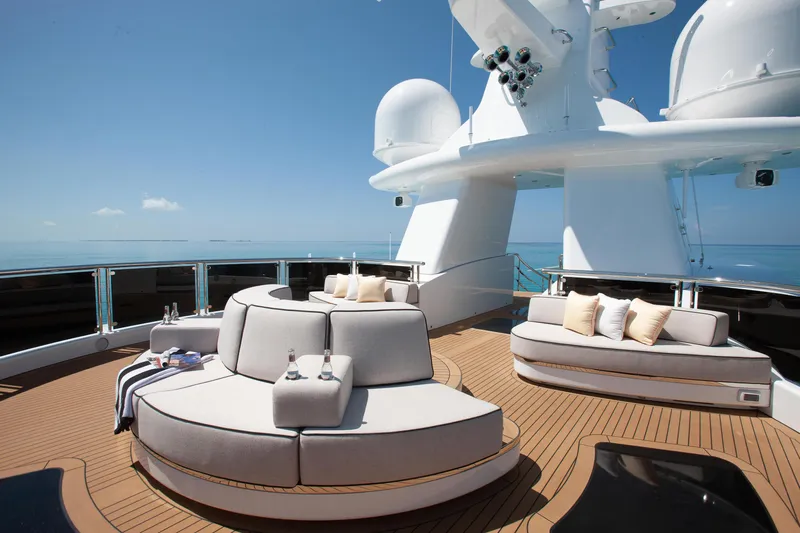 Boardwalk Yacht Photos Pics Luxurious 2021 Feadship Custom yacht deck with modern seating and ocean view.