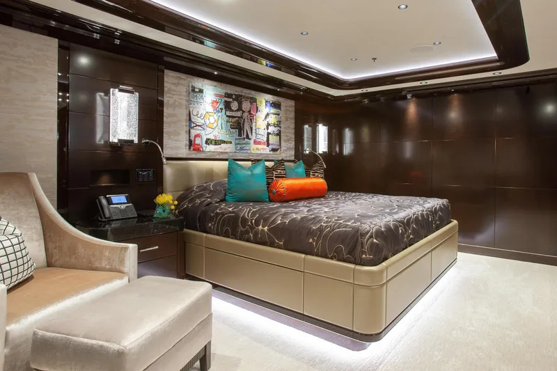 Boardwalk Yacht Photos Pics Luxurious Feadship Custom 2021 yacht bedroom with modern decor and elegant lighting.