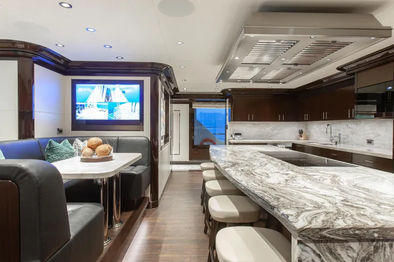 Boardwalk Yacht Photos Pics Luxurious 2021 Feadship Costum yacht interior with elegant kitchen and dining area.