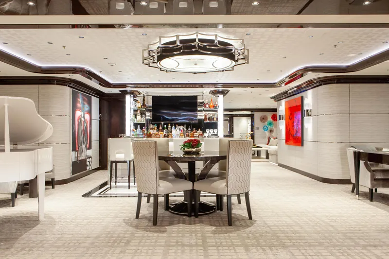 Boardwalk Yacht Photos Pics Luxurious interior of 2021 Feadship Custom yacht with elegant dining area and modern decor.