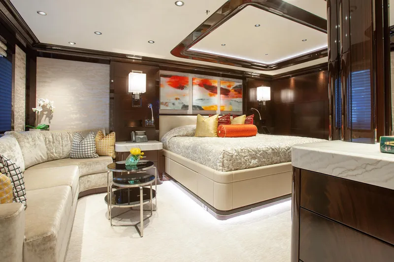 Boardwalk Yacht Photos Pics Luxurious 2021 Feadship Custom yacht bedroom with elegant decor and modern furnishings.