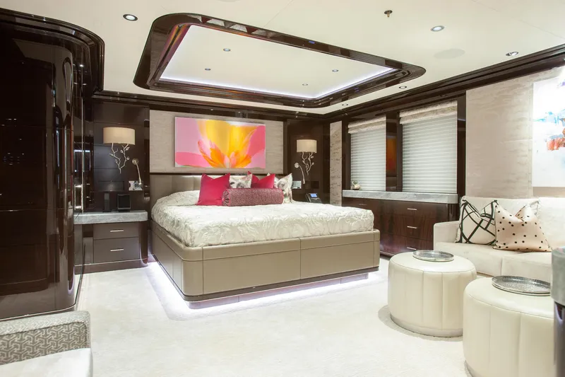 Boardwalk Yacht Photos Pics Luxurious 2021 Feadship Custom yacht bedroom with elegant decor and modern furnishings.