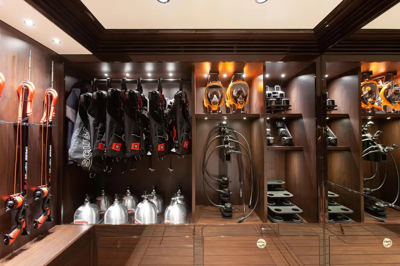Boardwalk Yacht Photos Pics Luxurious Feadship yacht dive room with scuba gear and equipment, 2021 model.