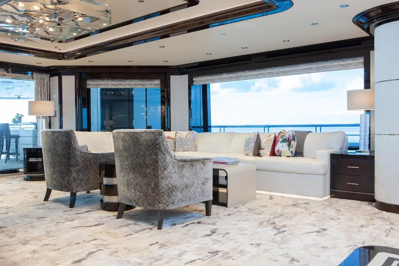 Boardwalk Yacht Photos Pics Luxurious Feadship 2021 yacht interior with elegant seating and ocean view.