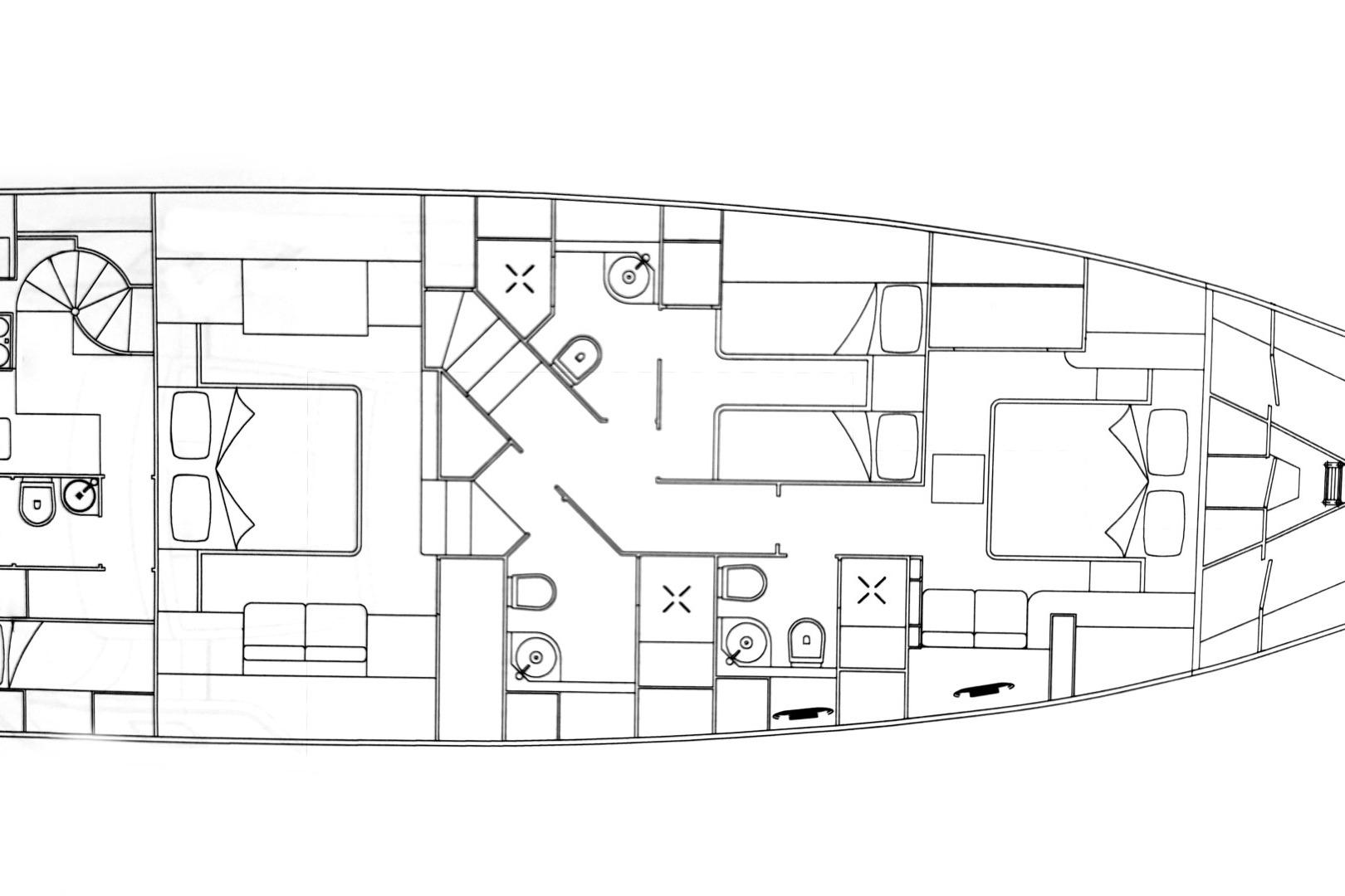 Floor plan of AB 78 yacht, 2007 model, showing bedrooms, bathrooms, and living areas.