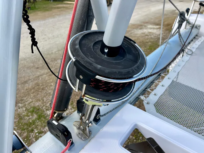 Kestrel Yacht Photos Pics Seawind 1260 sailboat winch system, 2020 model, with ropes and deck details.