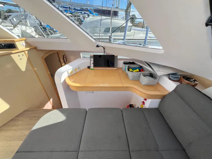 Kestrel Yacht Photos Pics Interior of 2020 Seawind 1260 catamaran with seating and navigation area.