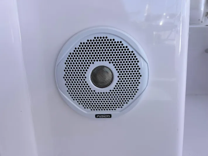 Kestrel Yacht Photos Pics Fusion speaker on a 2020 Seawind 1260 yacht, mounted on a white surface.