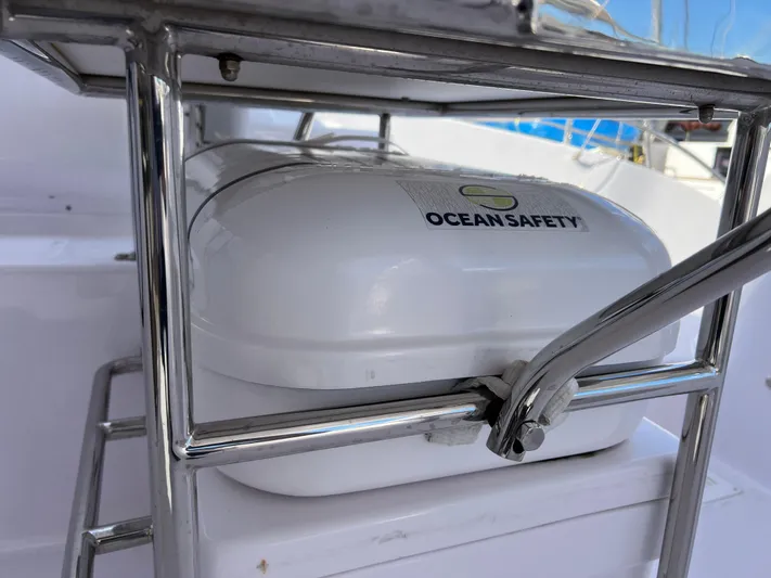 Kestrel Yacht Photos Pics Ocean Safety equipment on 2020 Seawind 1260 catamaran, secured in metal frame.