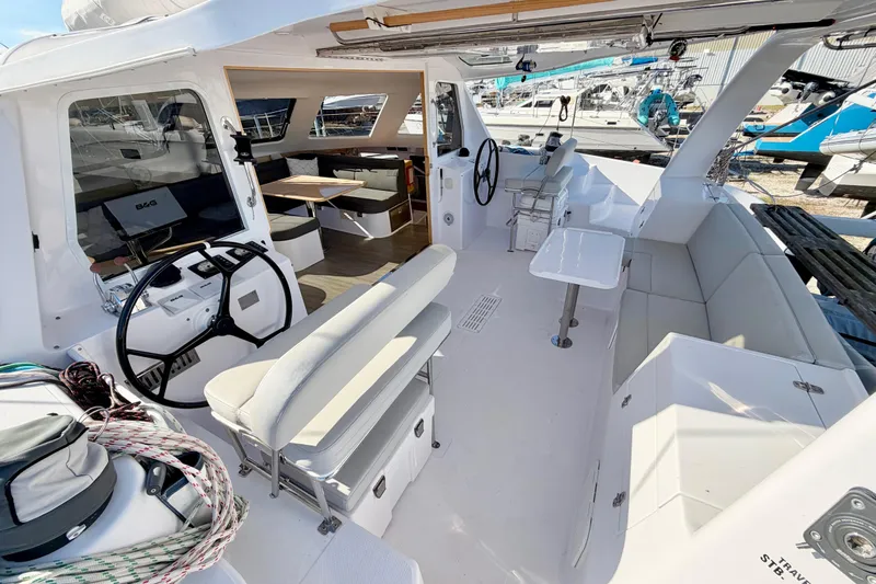 Kestrel Yacht Photos Pics 2020 Seawind 1260 catamaran cockpit with dual steering wheels and spacious seating area.