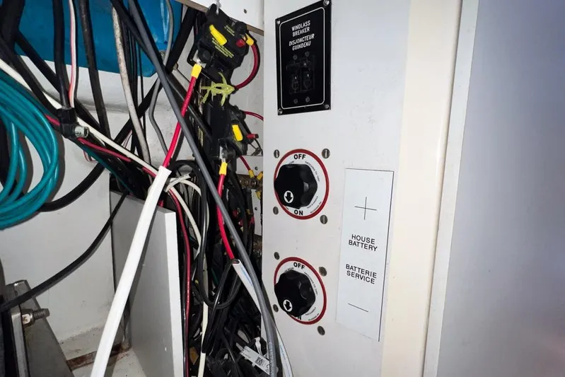Next Of Kin Yacht Photos Pics Electrical panel with switches and wiring in a 2000 Leopard 38 boat.
