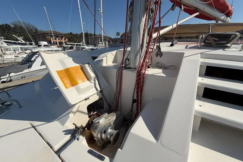 Next Of Kin Yacht Photos Pics Sailboat deck of 2000 Leopard 38 with winch and rigging details.