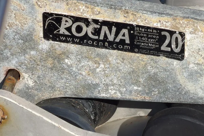 Next Of Kin Yacht Photos Pics Rocna 20 anchor label on a Leopard 38, 2000 model, showing specifications and website.