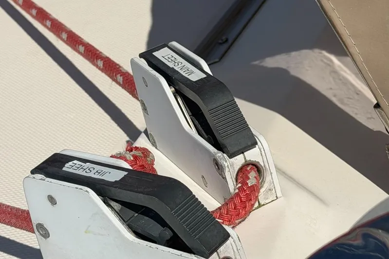 Next Of Kin Yacht Photos Pics Close-up of rope clutches on a 2000 Leopard 38 sailboat deck.