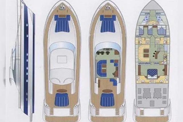 Eacos Yacht Photos Pics Floor plan of 2003 Tecnomar Velvet 90 yacht, showcasing interior and deck layout.