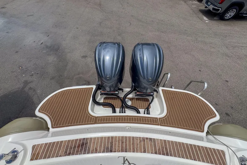  Yacht Photos Pics Top view of 2023 Tender Impertus 36 boat with dual outboard motors.