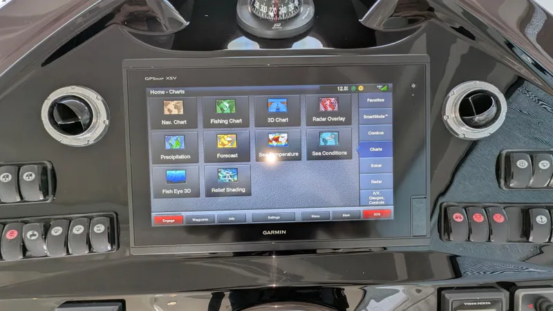 Best Life Yacht Photos Pics Touchscreen navigation system on 2019 Beneteau GT 46 yacht dashboard.