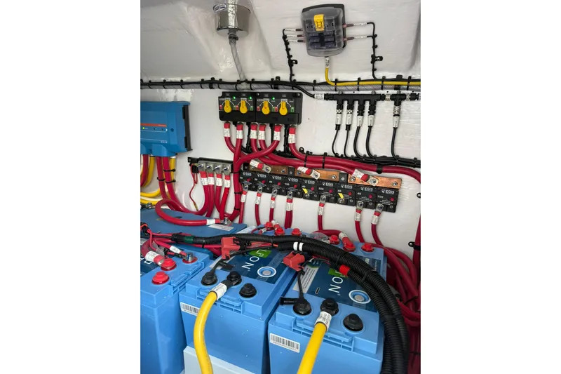 Yacht Photos Pics Electrical system of 2026 Mag Bay 43 CC boat with batteries and wiring.