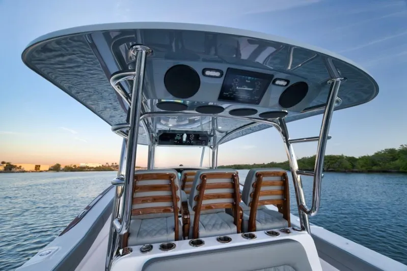  Yacht Photos Pics 2026 Mag Bay 43 CC boat interior with sleek design and advanced controls.