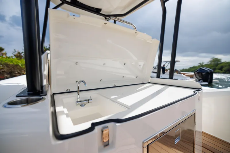 Stock Inventory Yacht Photos Pics 2024 Nuova Jolly Prince 38 boat with open deck sink and storage.