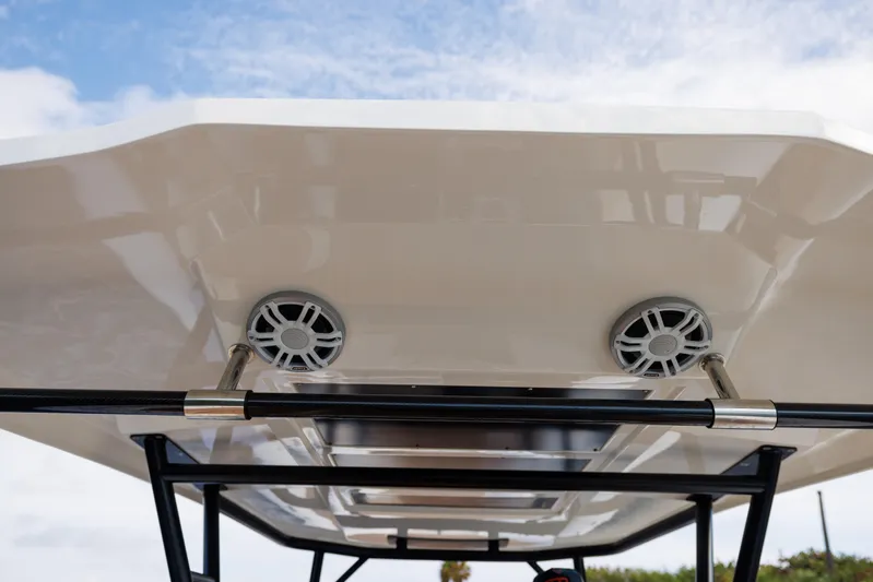 Stock Inventory Yacht Photos Pics Nuova Jolly Prince 38 boat roof speakers, 2024 model, under a clear blue sky.