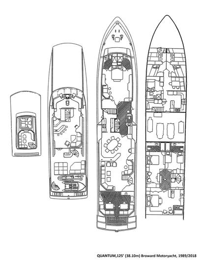 Quantum Yacht Photos Pics Floor plan of 1989 Broward Tri-Deck motor yacht, showcasing detailed interior layout.