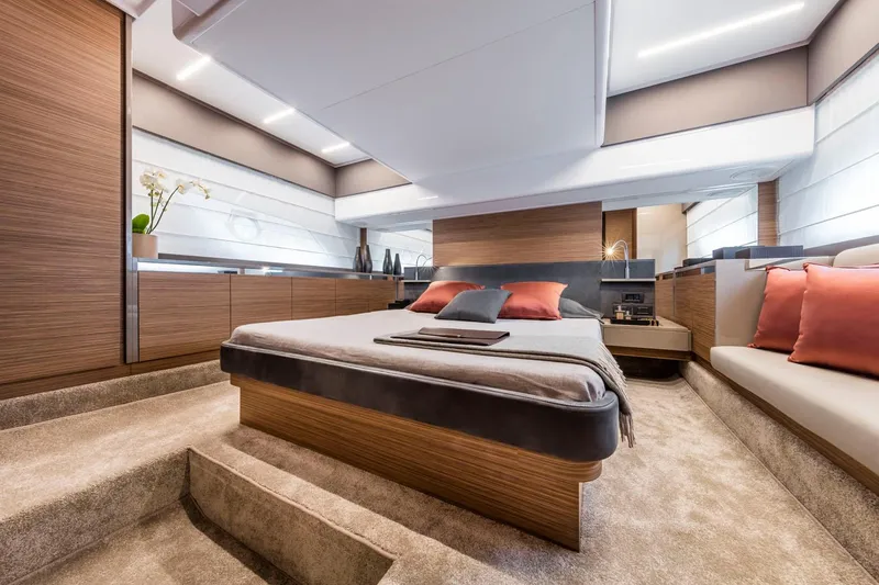  Yacht Photos Pics Luxurious interior of 2020 Ferretti Yachts 450, featuring elegant bedroom design.