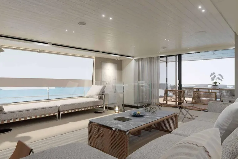  Yacht Photos Pics Luxurious interior of 2026 Sanlorenzo SX100 yacht with modern furnishings and ocean view.