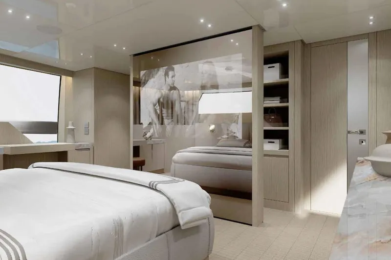  Yacht Photos Pics Luxurious interior of 2026 Sanlorenzo SX100 yacht with modern bedroom design.
